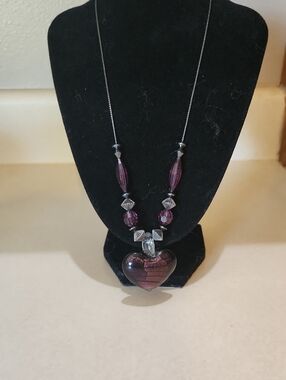 Glass Purple Heart Pendant Necklace With Beads Boho Vibe